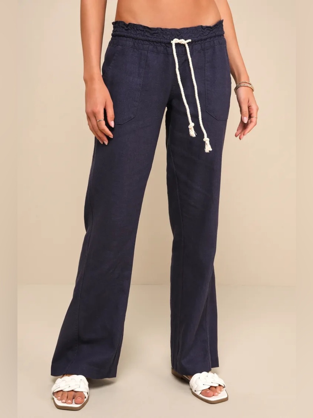Roxy NWTs Oceanside Navy Blue indigo Linen Drawstring Flare Pants